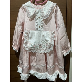 二手兒童女童長袖lolita洋裝110碼中長裙 花童禮服 表演禮服 生日禮服 粉紅色 粉色 小女僕 草莓 圍裙