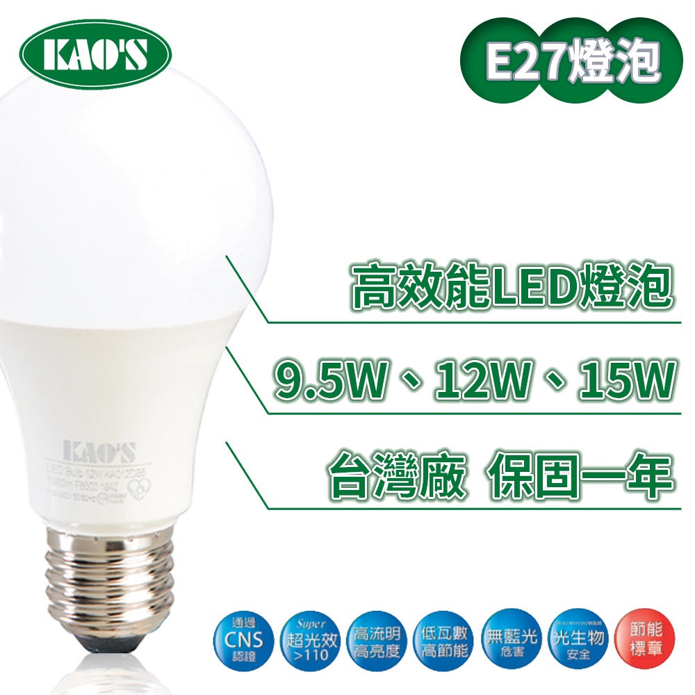 【KAO'S】LED E27/9.5W/12W/15W超光效 燈泡 省電燈泡 (黃光/自然光/白光)【實體門市保固一年】