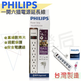 『燈后』附發票 Philips 飛利浦 一開六插電源延長線P657-白色 PO003 飛利浦延長線