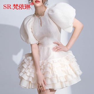 法式復古蓬鬆短裙 2024新款設計女裝 立體版型層層蛋糕裙 提花泡泡袖寬鬆小眾洋裝 時尚百搭好品質