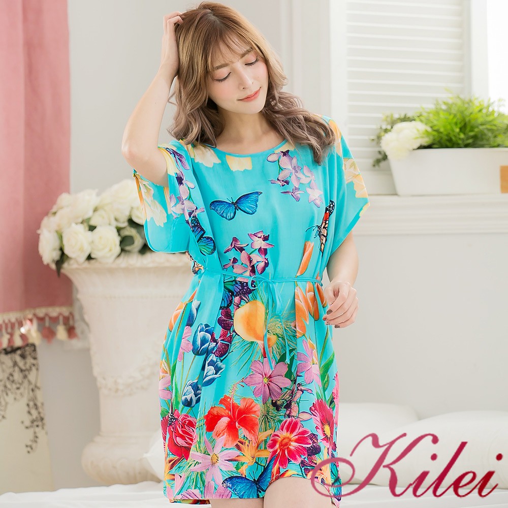 【Kilei】蝴蝶亮眼印花軟棉連身洋裝睡衣XA3317-01(繽紛藍)全尺碼