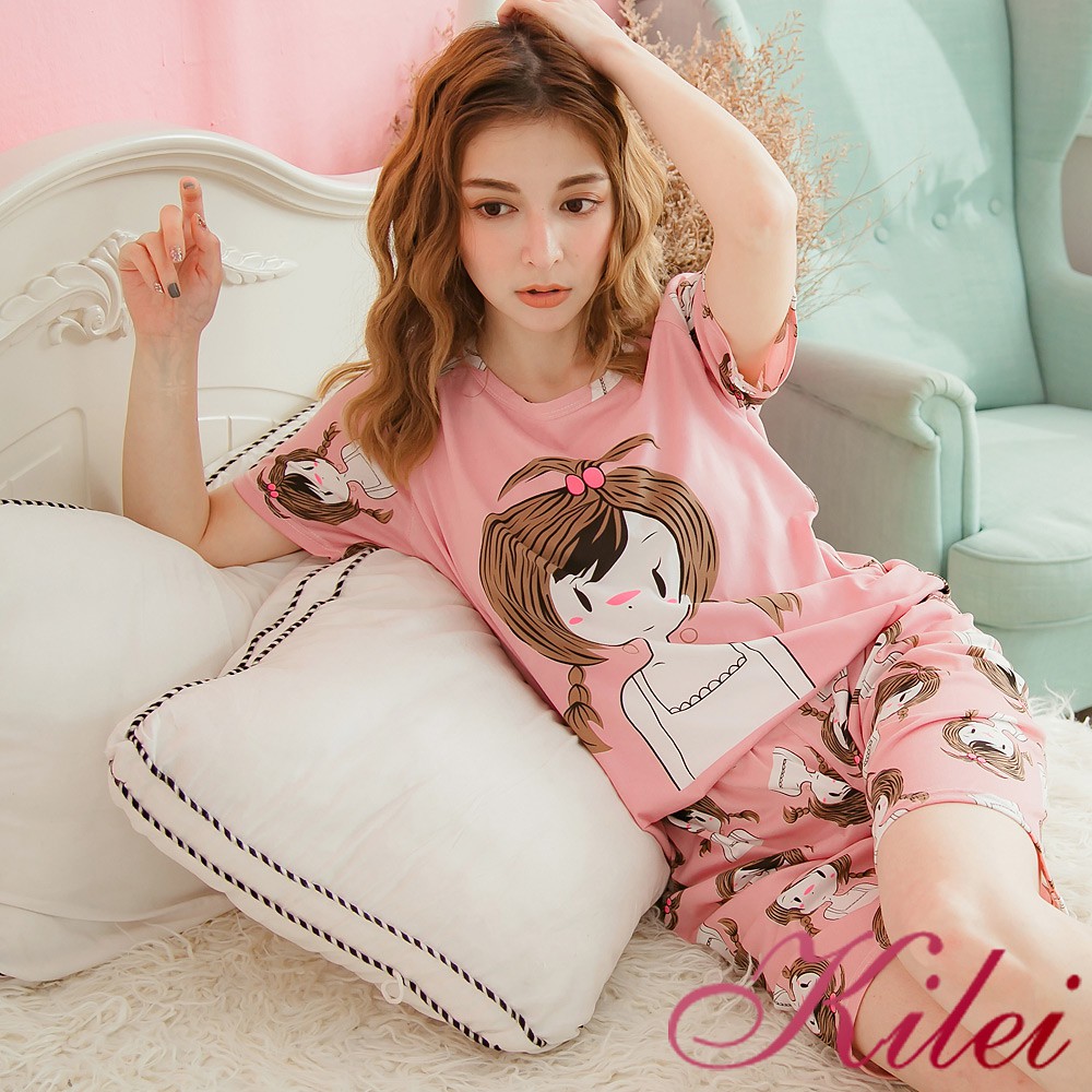 【Kilei】Q版女孩圖案牛奶絲短袖二件式睡衣組XA3695-02(可愛豆粉)全尺碼