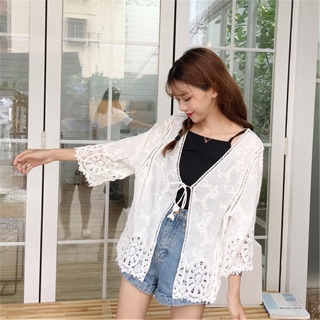 韓版夏日棉麻蕾絲花罩衫