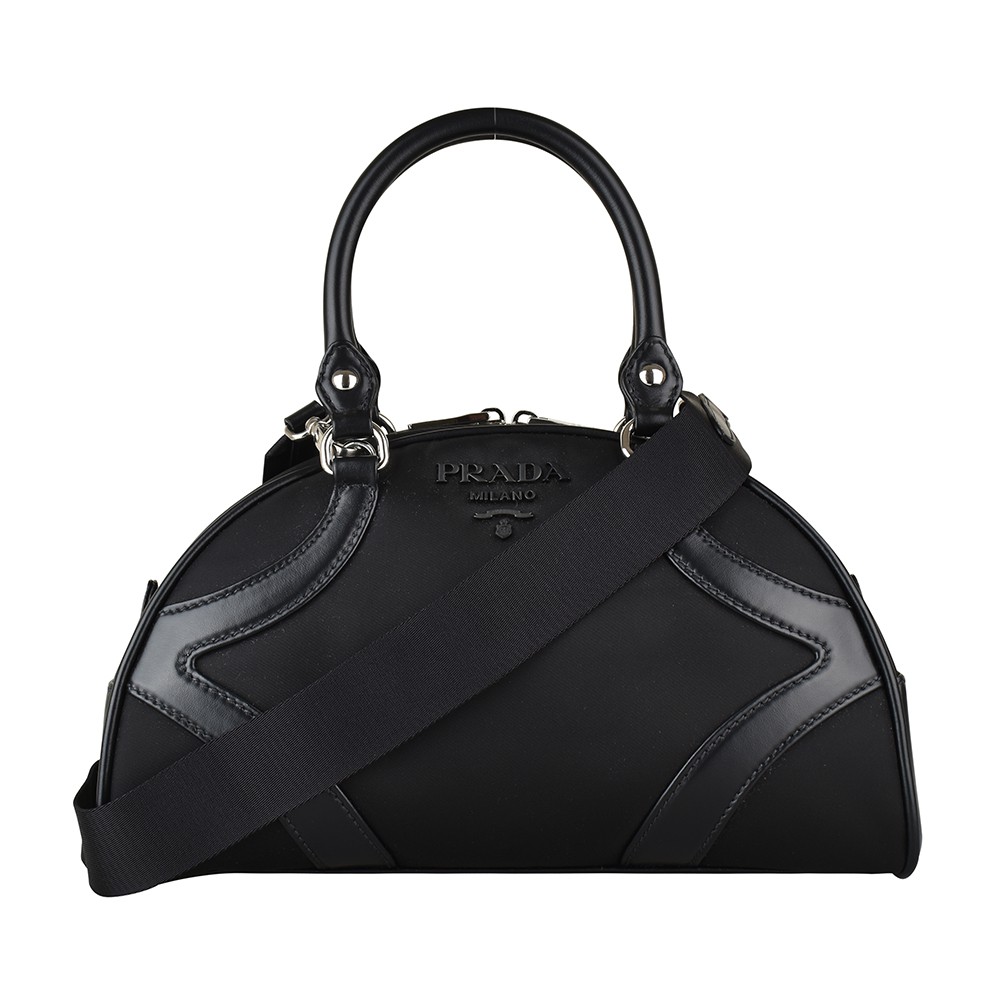 PRADA BOWLING GRADE TESSUTO立體LOGO帆布飾小牛皮拉鍊斜背手袋(黑)