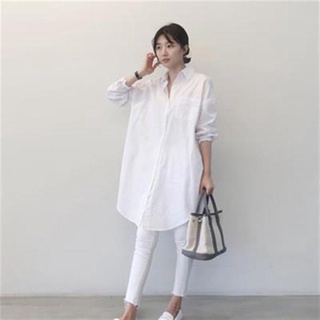 長款襯衫~韓國潮流東大門春寬松bf風大版棉中長款白色襯衫女大碼長袖襯衣女NE329 1932 衣時尚