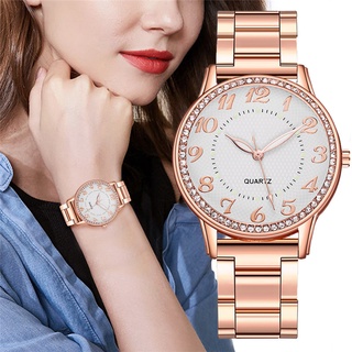 豪華女士玫瑰金不銹鋼錶帶模擬石英手錶
