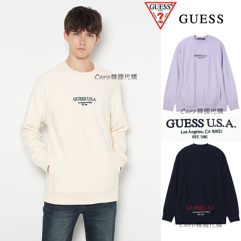 現貨 Caro韓國代購 官方正品guess Usa 男女皆可穿撞色刺繡字母logo大學t 長袖t恤tee 蝦皮購物