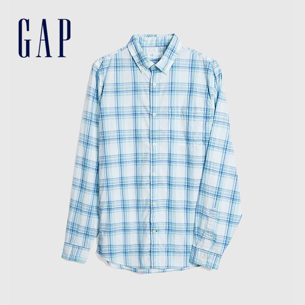 Gap 男裝 清爽格紋角釦翻領襯衫-淺藍格紋(580020)