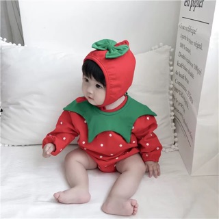 韓國ins秋季新款女寶寶立體草莓造型包屁衣嬰兒長袖純棉連體衣爬行衣