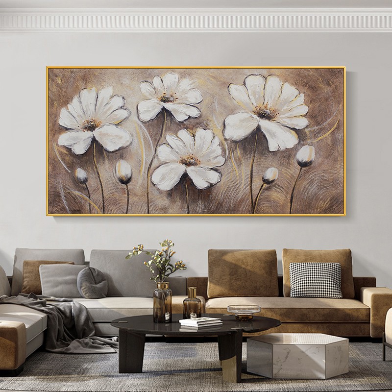 純手工油畫 Notareart手繪油畫 白蓮花 橫幅客廳背景裝飾畫輕奢黑白侘寂風 蝦皮購物