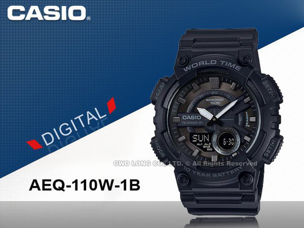 CASIO _AEQ-110W-1B_世界時間_時尚 雙顯男錶_橡膠錶帶 AEQ-110W 國隆手錶專賣店