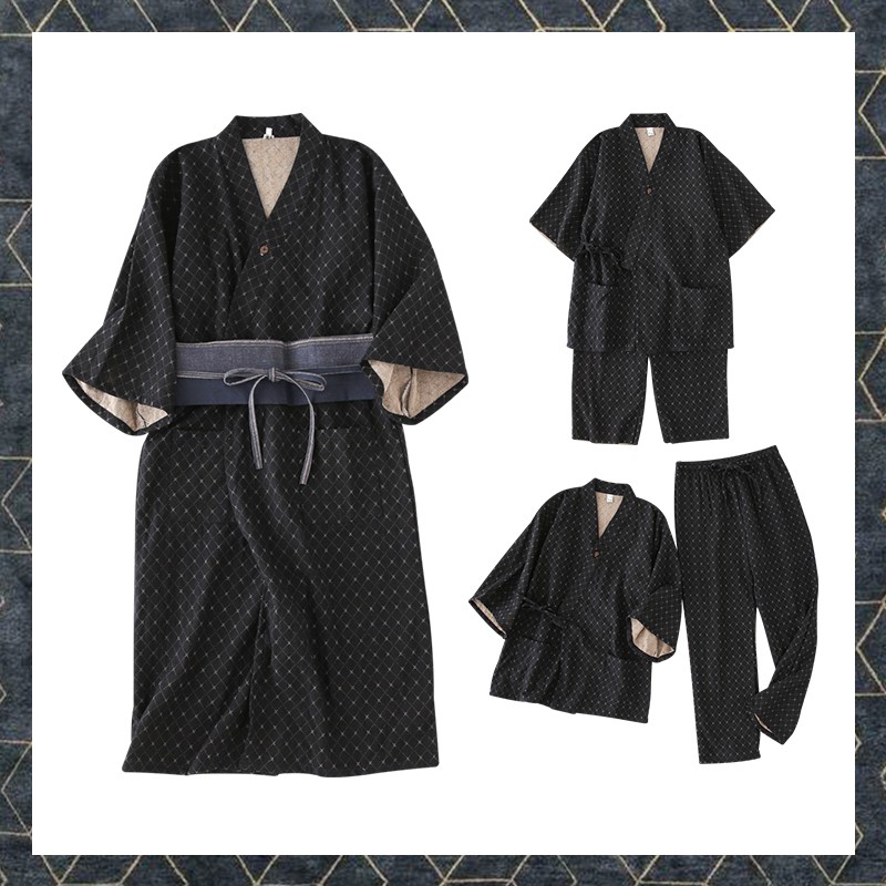 雙層棉睡衣日式和風絎縫睡袍復古睡裙夏男女浴衣格子家居服兩件套 蝦皮購物