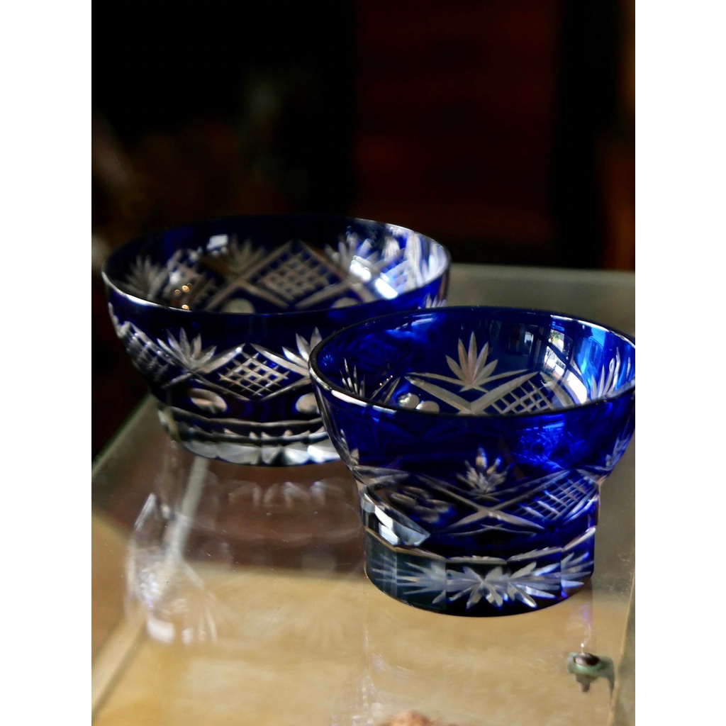 日本 切子玻璃杯 竹葉紋 湯吞 茶杯 茶道具