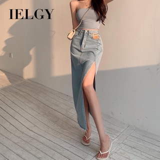 IELGY 復古歐美牛仔裙女夏季新款開叉中長裙高腰顯瘦a字裙