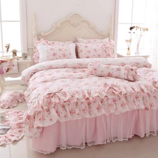 台灣賣家 精梳純棉 公主風床罩 蕾絲床罩 碎花蕾絲 浪漫滿屋 粉紅色 標準雙人 加大雙人 床裙組 床罩組 床組