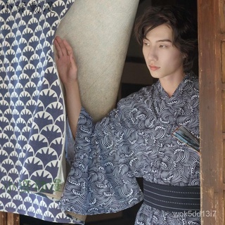 男款純棉麵料日式傳統和服浴衣正裝 波浪紋圖案漢服睡衣長袍 日本和服 日式 NANA Studio💕