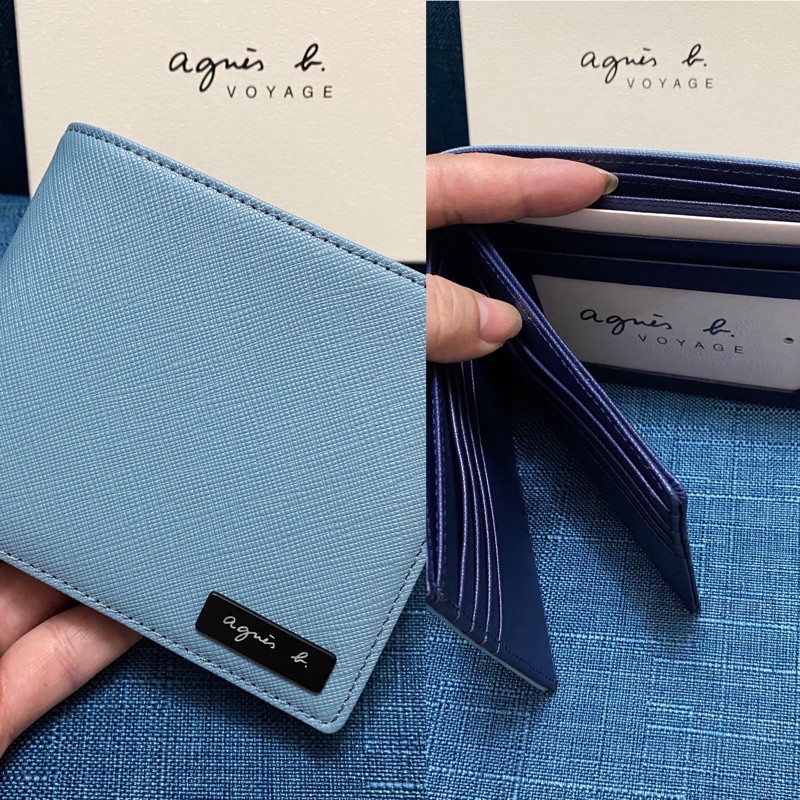 全新agnes B 淺藍色深藍色藍色撞色證件層照片層牛皮男用短夾皮夾真皮保證真品正品防刮 蝦皮購物