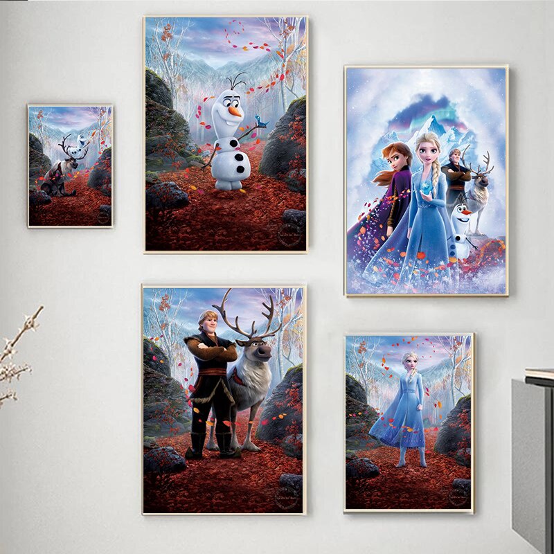 迪士尼冰雪奇緣人物公主帆布繪畫安娜艾爾莎海報和版畫牆壁藝術圖片適合生活兒童家庭房間裝飾