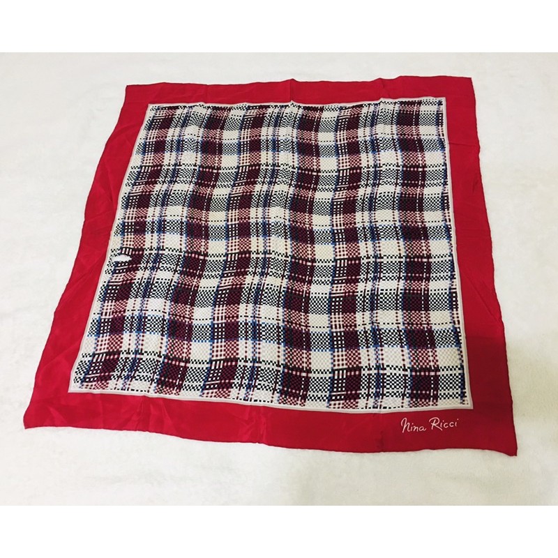 （二手）Nina Ricci 紅絲絨邊框格紋圖樣大判絲巾 方巾