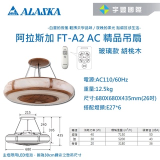 【宇豐國際】阿拉斯加 精品吊扇 AURA系列 三段變速 玻璃款 胡桃木 FT-A2 AC 吊扇 循環扇 聊聊詢問優惠