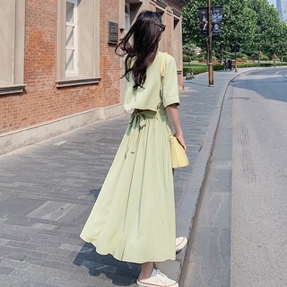 ✨✨露背抹茶綠短袖洋裝女2024夏韓版新款收腰仙女裙寬鬆中長款裙子