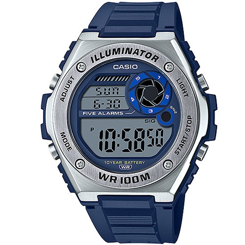 【CASIO】重工業風金屬錶圈膠帶電子錶-藍X銀框(MWD-100H-2A)