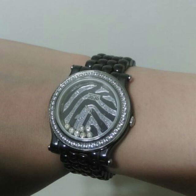 NATURALLY JOJO率性節奏晶鑽黑陶瓷時尚腕錶-黑斑馬紋/33mm 錶