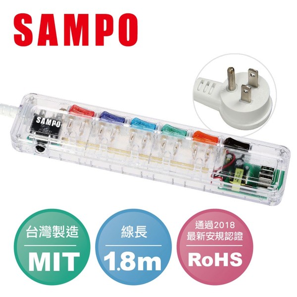 SAMPO 聲寶 6切5座3孔6尺2.1A雙USB透明款延長線(1.8M) EL-U65R6U21(T)