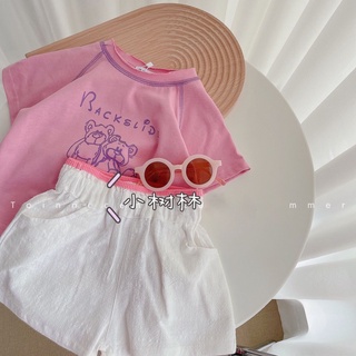 韓國ins童裝 兒童套裝夏款童裝女童洋氣粉色短袖T恤 兒童素色高腰白短褲花苞褲