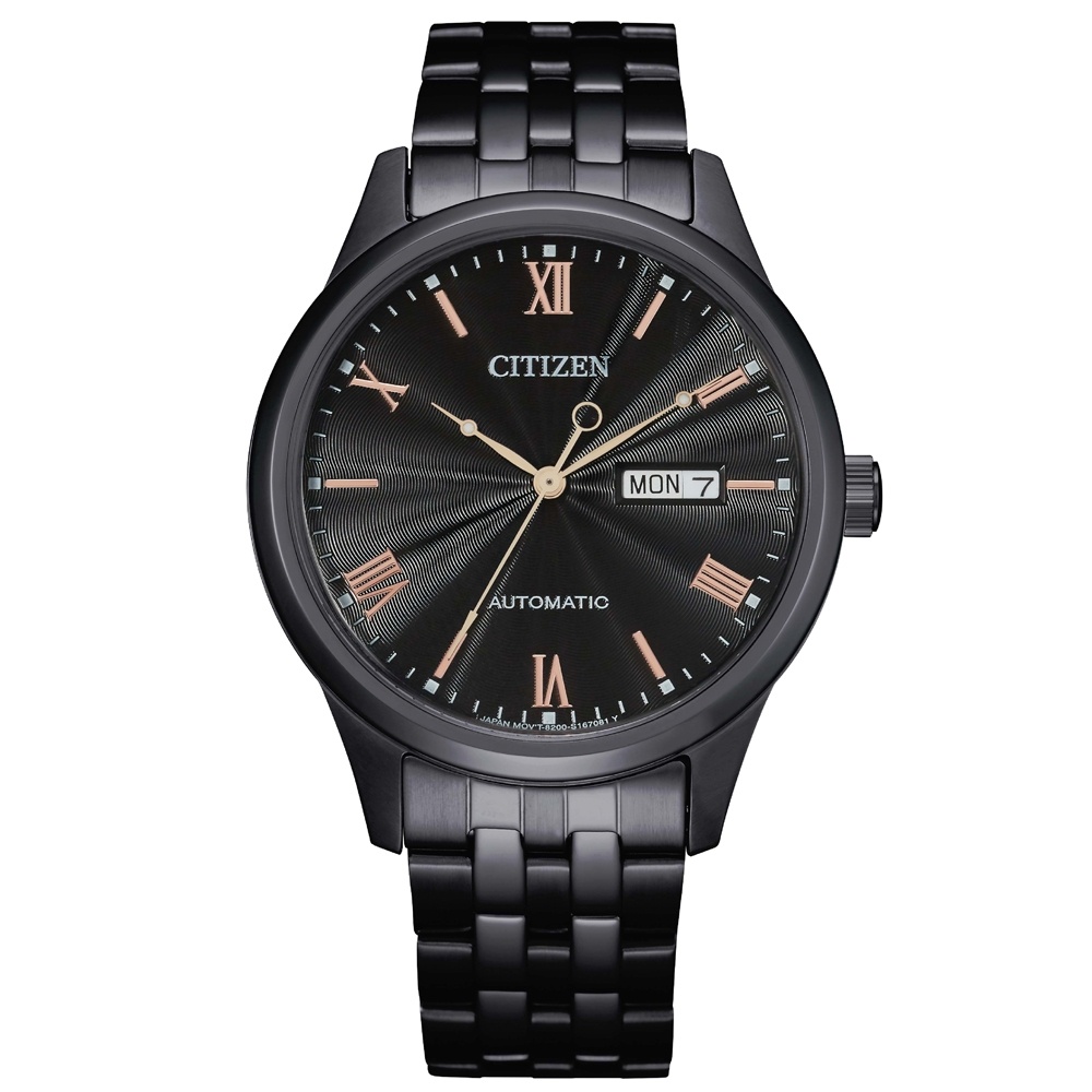 CITIZEN 星辰錶 優雅羅馬字全黑鋼玫瑰金針不鏽鋼機械錶 40mm NH7505-84E 原廠公司貨保固2年