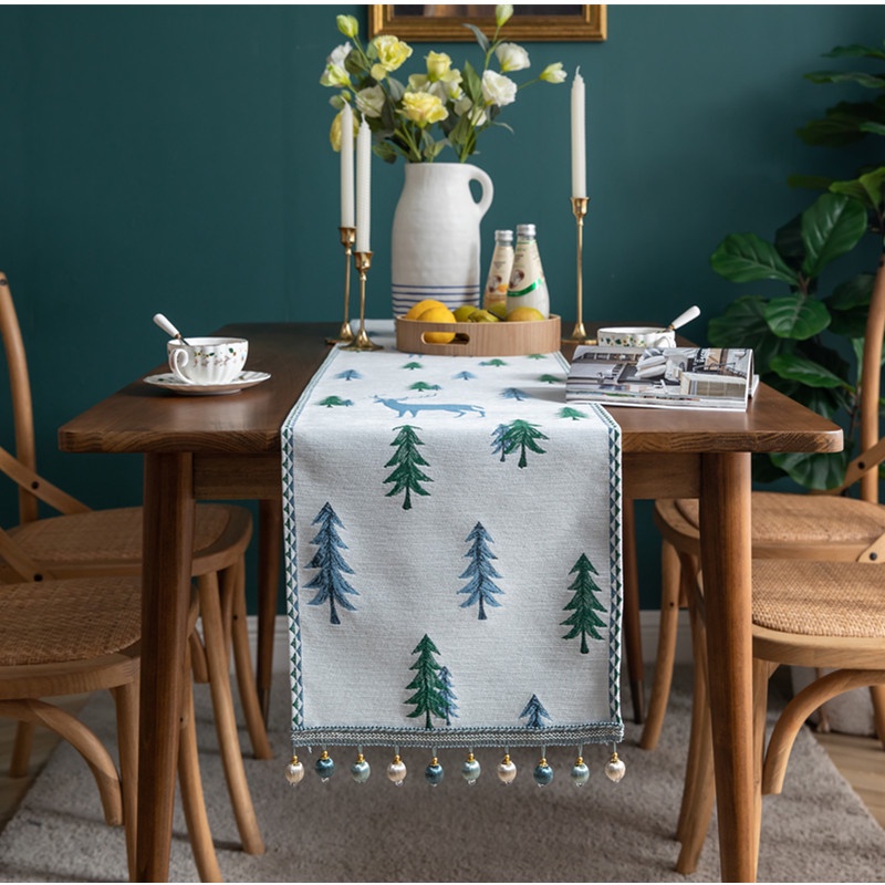 聖誕桌布桌旗 茶几布餐桌 布藝小清新長正方形花邊桌布 節日餐廳裝飾仿棉麻紋