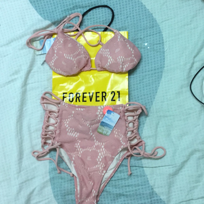 Forever21 珊瑚色粉紅色比基尼泳衣泳裝綁帶式泳褲bikini