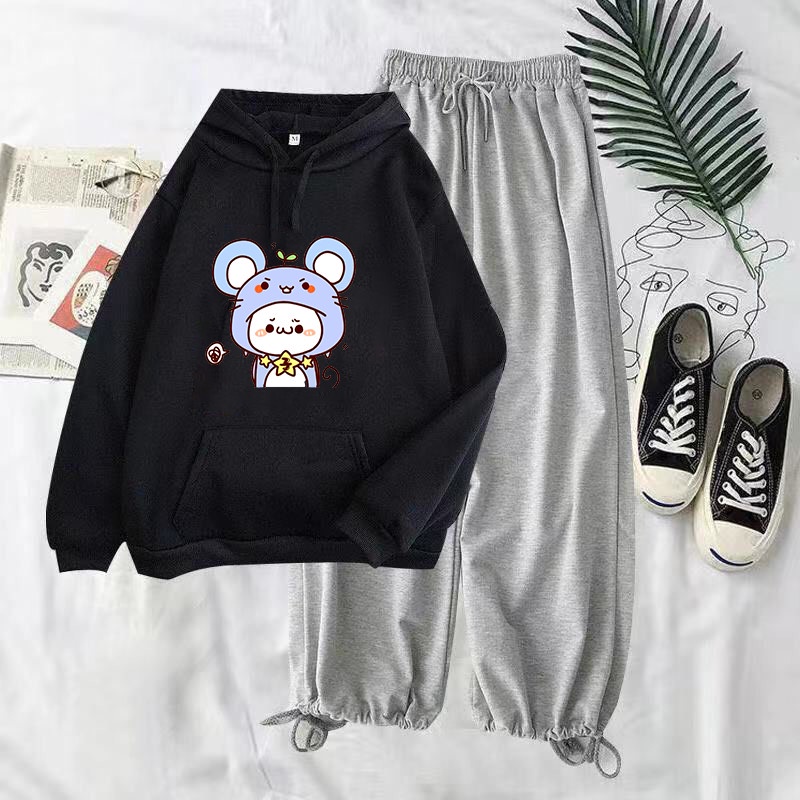 Mouse Hat Girl hoodie + Bomb Pants 套裝在家穿,男女時尚設計 T 恤 - AD