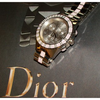 Christian Dior 粉紅水晶 鑲真鑽 三眼計時 鑽錶