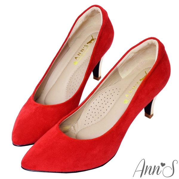 Ann’S幸福第一步-MIT質感電鍍鞋跟氣墊尖頭跟鞋7.5cm-絨布紅
