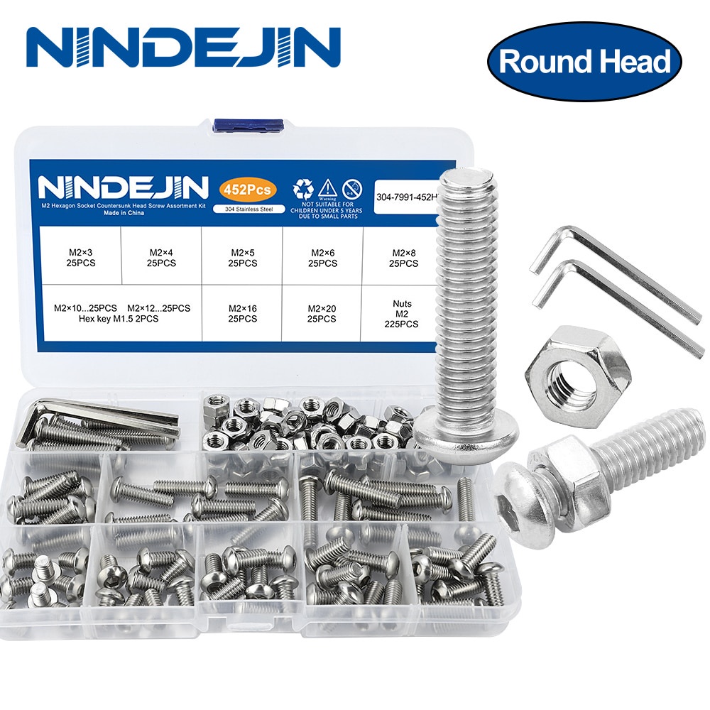 NINDEJIN 304不鏽鋼盤頭內六角螺絲套裝半圓頭內六角螺栓ISO7380