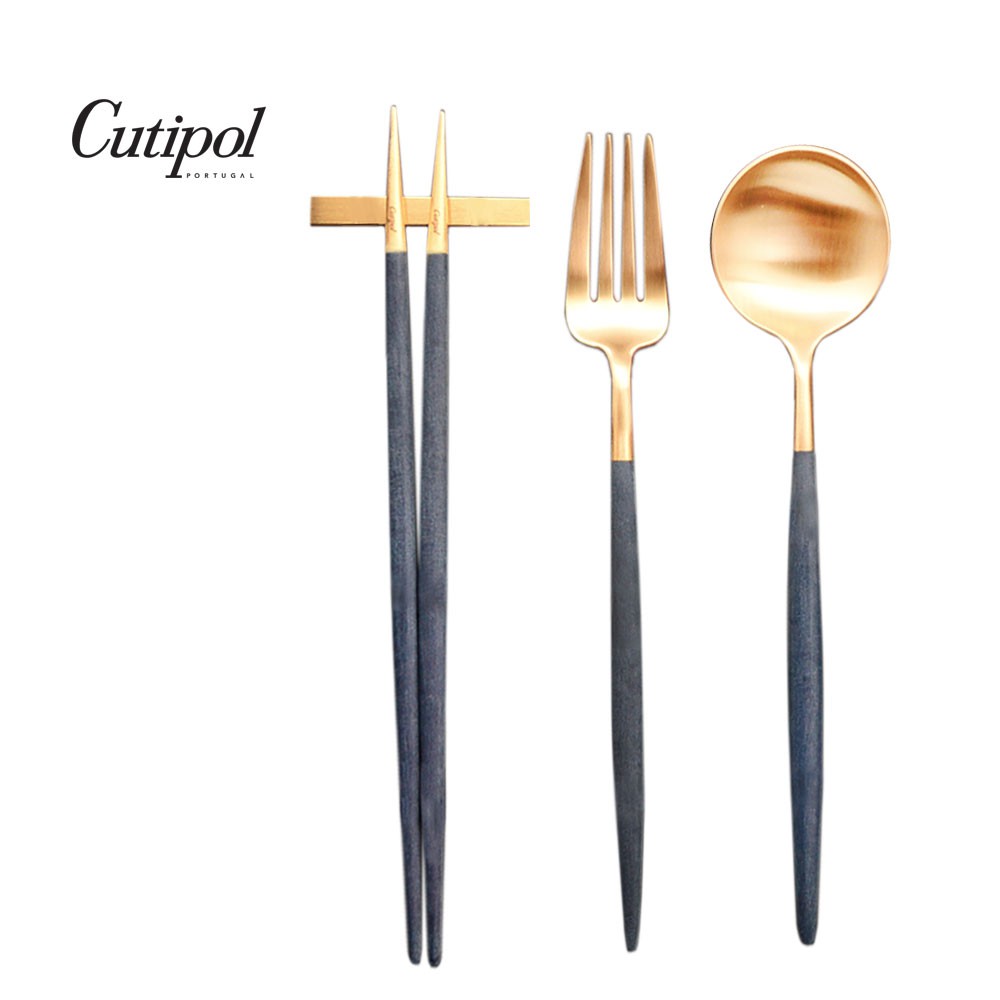 【Cutipol】GOA系列-藍金霧面不鏽鋼-主餐新三件組(主餐叉匙+筷組) 葡萄牙手工餐具