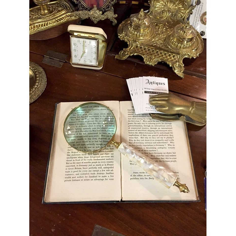 #19世紀 古董鑲嵌珍珠母貝黃銅大型手持放大鏡 #61943