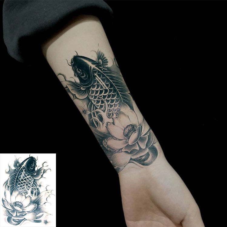 錦鯉蓮花富貴魚防水紋身貼男女持久鯉魚錦鯉手臂模擬花臂小腿刺青 蝦皮購物