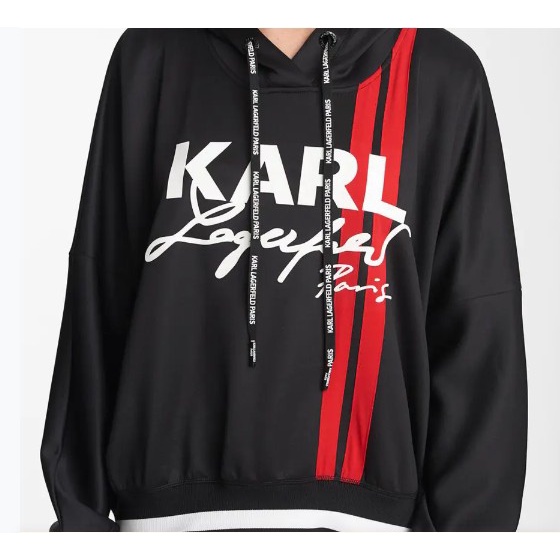 【KARL LAGERFELD PARIS】新款印花連帽純棉上衣拼接撞色（黑色、XS號*1）