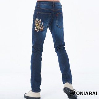 BLUE WAY 鬼洗 ONIARAI-低腰直筒褲/45度火焰爆裂鬼彈性牛仔褲