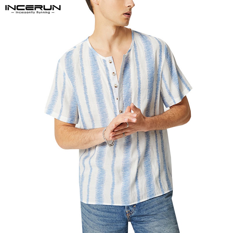 Incerun 男士夏季休閒藍色條紋短袖 V 領鈕扣羽絨襯衫