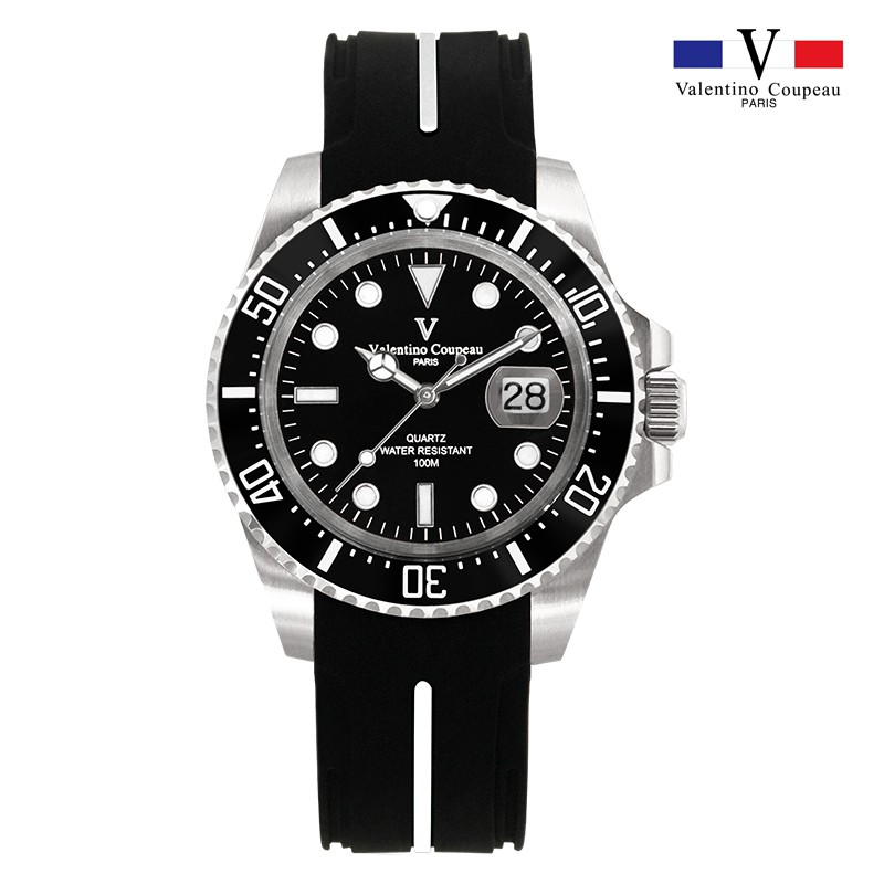 【范倫鐵諾 Valentino Coupeau】61589ASG-1 百米防水精密陶瓷黑水鬼潛水矽膠帶腕錶