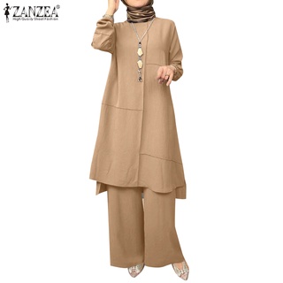Zanzea 女士復古純色長款寬鬆上衣和假日鬆緊腰褲穆斯林兩件套