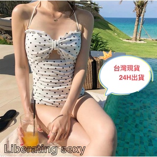 臺灣現貨快速出貨 白底黑點蝴蝶結連身泳裝泳衣 度假海邊游泳泡溫泉 韓國泳裝泳衣 bikini比基尼 編06