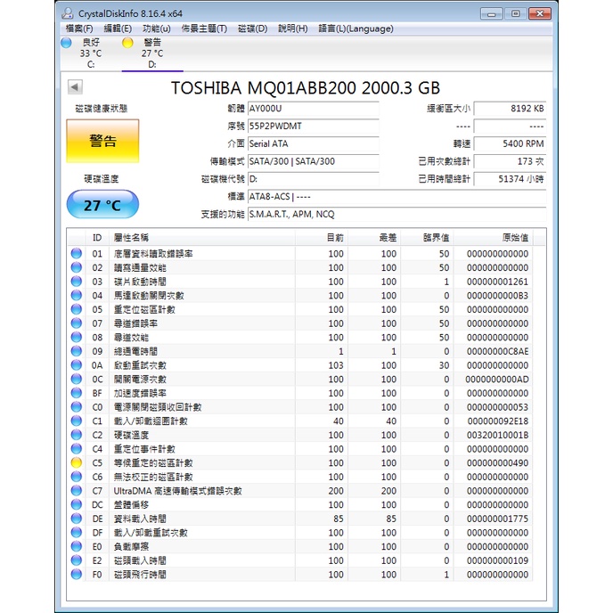 TOSHIBA MQ01ABB200 2T 2.5" 2.5吋 硬碟有警告和壞軌 保固1個月 可面交自取測試