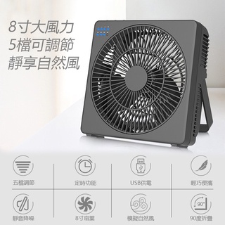 防禦專用5檔大風力8寸usb小風扇桌面床頭辦公便攜式迷你車用電風扇靜音定時小檯扇循環扇折疊手持扇