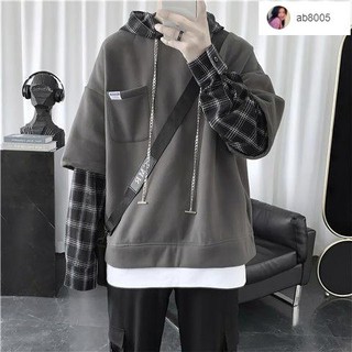 CC小姐 ✨日系衛衣男 新款假兩件格子連帽衛衣男韓版潮流寬松bf情侶上衣外套潮學生男裝