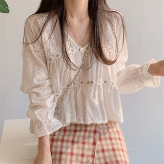 韓版長袖襯衫 164852 立體小雛菊甜美襯衫 氣質v領時尚洋氣短版上衣