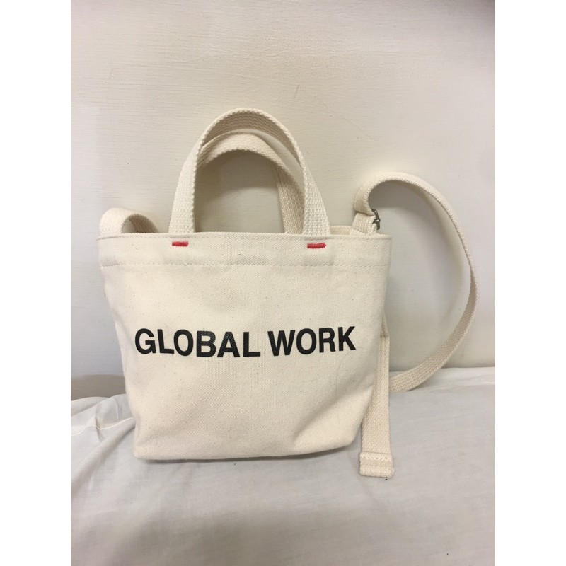 日本專櫃global work 英文字口袋帆布包帆布袋肩背手提
